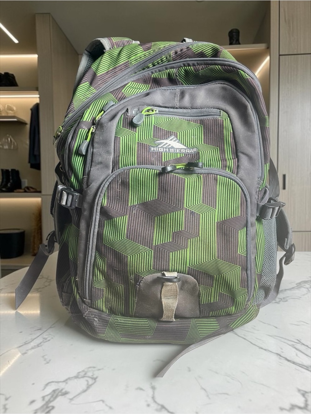 High Sierra Backpack Laptop School Travel Bag Gray Green Geometric Print